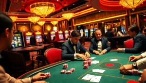 Experience the excitement of dining and gambling at god345.co with vibrant poker tables and lively slot machines.