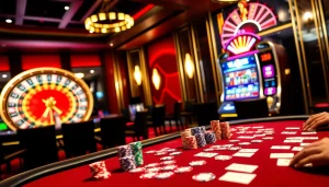 Participate in exciting poker action at vn168, where high stakes and colorful chips create a vibrant casino atmosphere.