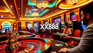 Players enjoying high-stakes gameplay at XX88 casino tables, showcasing excitement and luxury.