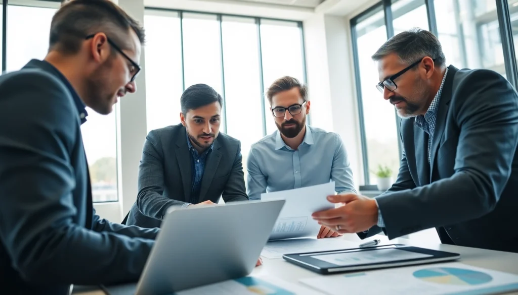 Business team discussing competitor pricing strategies in a modern office.