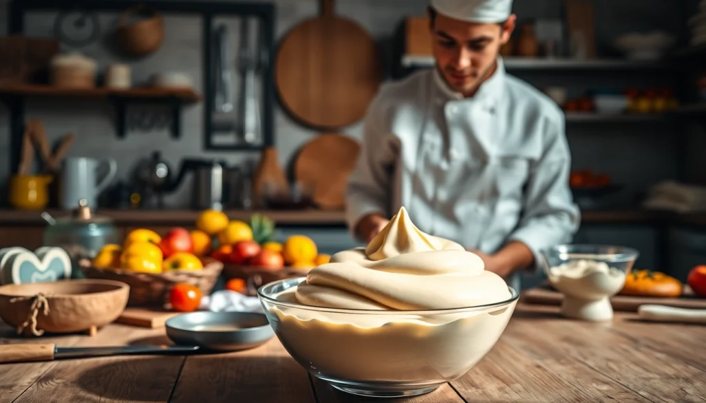 Bereid mousseline in een professionele keuken met verse ingrediënten en bakgereedschap.