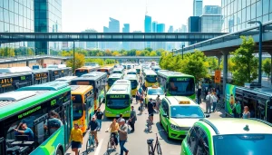 Transportation hub with diverse vehicles and dynamic interactions among people in a vibrant urban setting.