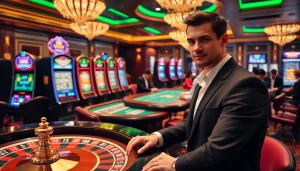 Excited player bets at Go8's luxurious casino table with vibrant slot machines in the background.