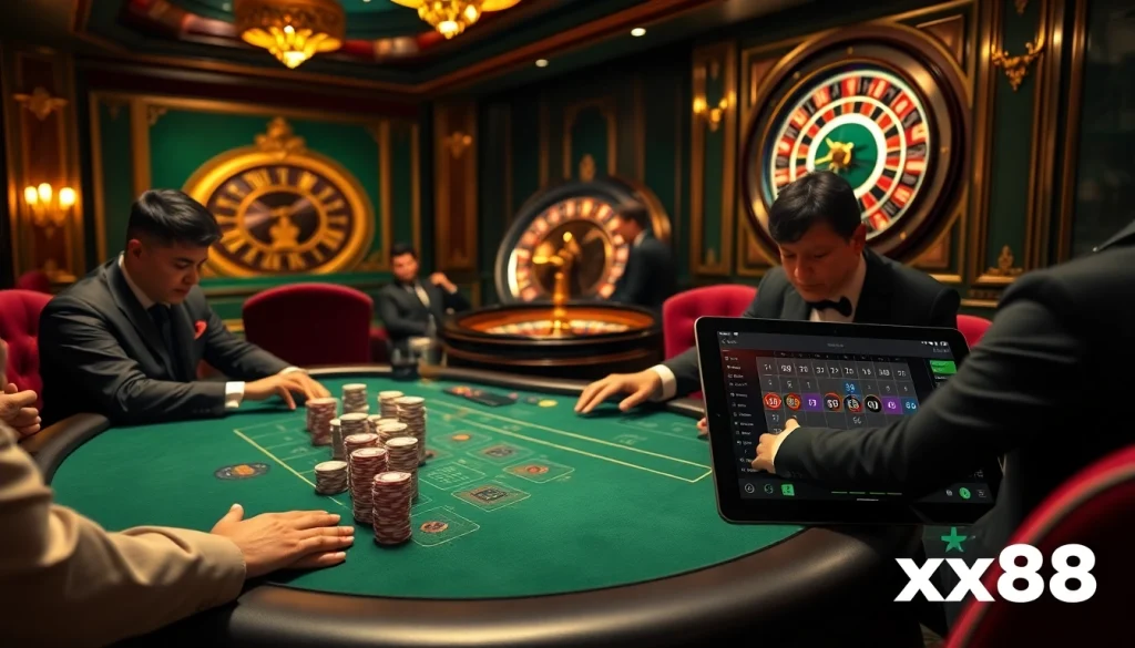 Players at a poker table experience high-stakes excitement at xx88 casino, illuminated with golden lighting.