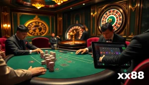Players at a poker table experience high-stakes excitement at xx88 casino, illuminated with golden lighting.