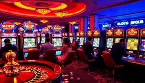 Excited players engaging with SLOTS8 slot machines in a luxurious casino atmosphere.