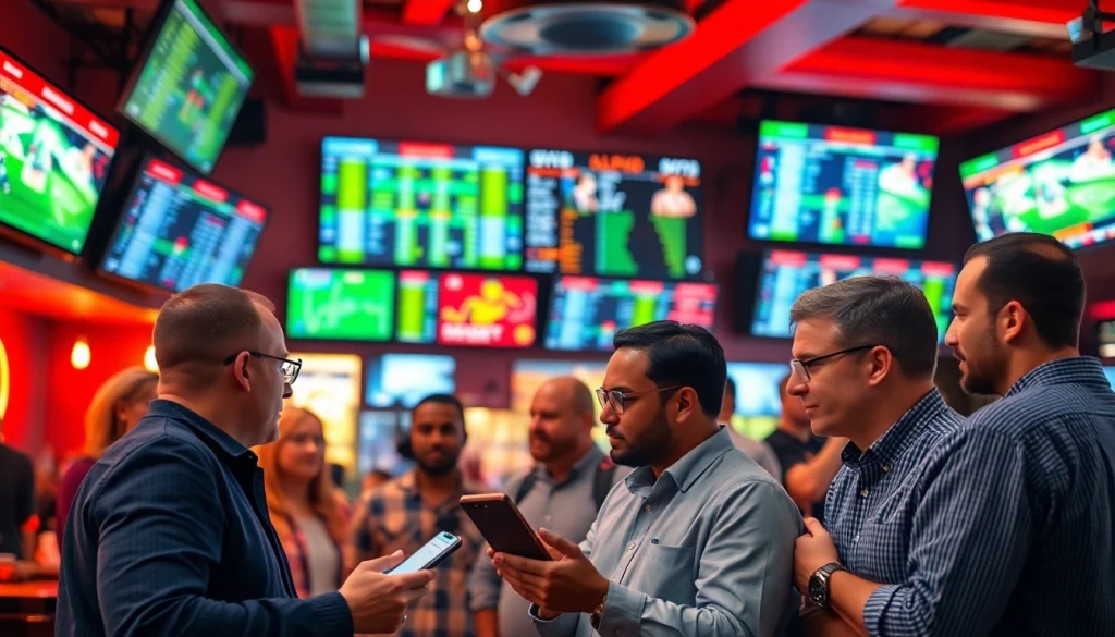 Engaged group discussing sports betting sites Georgia in a vibrant sports bar atmosphere.