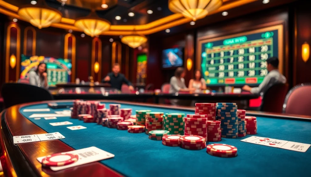 Exciting casino scene highlighting 상품권신용카드 with poker chips and vibrant gaming tables.