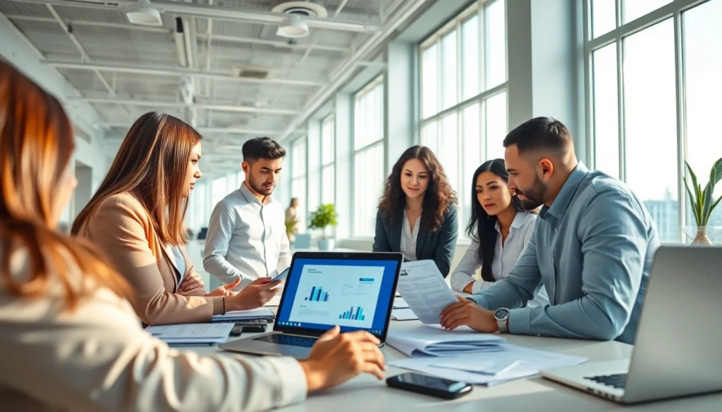 Collaboration using WPS办公 software in a modern office environment with diverse professionals.