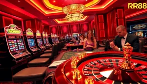 Exciting casino scene at RR88 with players engaging at tables and slot machines.