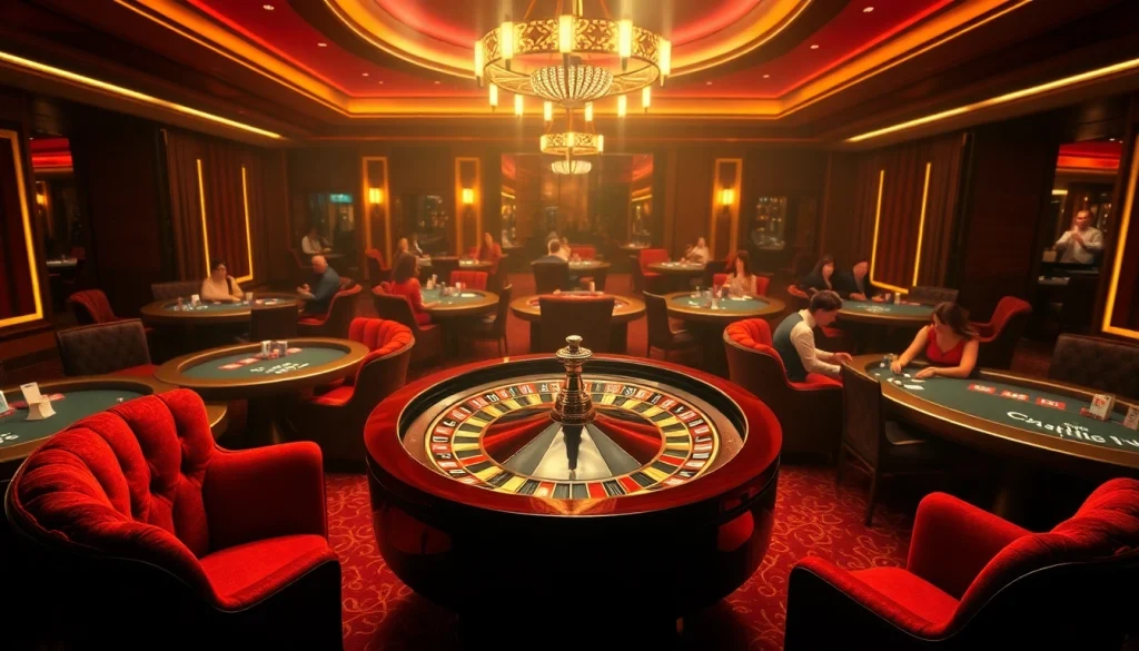 Experience high-stakes gaming at f8bet with vibrant casino visuals of roulette wheels and enthusiastic players.