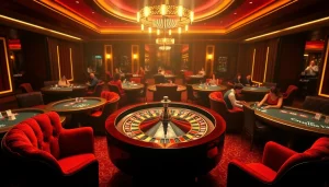 Experience high-stakes gaming at f8bet with vibrant casino visuals of roulette wheels and enthusiastic players.