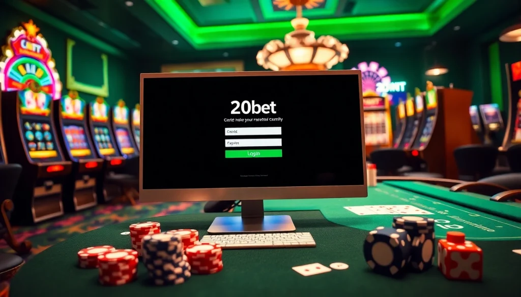 Experience seamless access with the 20bet Login interface amidst vibrant casino visuals.