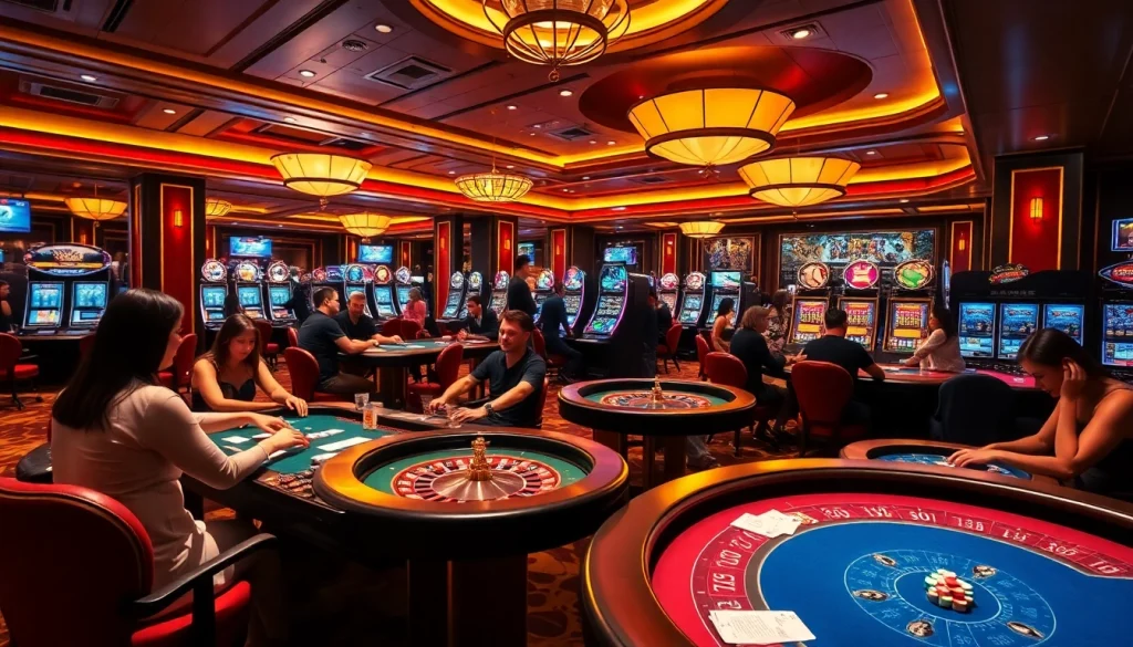 Experience the thrill of ga 6789 online gambling at a vibrant casino scene with poker tables and slot machines.