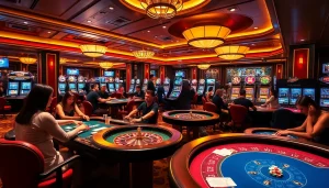 Experience the thrill of ga 6789 online gambling at a vibrant casino scene with poker tables and slot machines.
