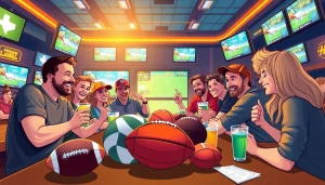 Dynamic gathering enjoying sports betting sites Texas at a lively bar with friends.