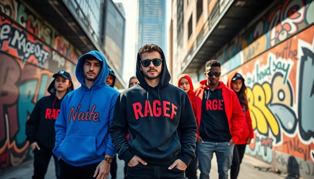 Trendy streetwear scene showcasing the RageOff fashion brand with diverse individuals in stylish apparel.