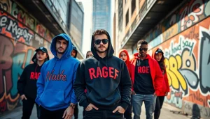 Trendy streetwear scene showcasing the RageOff fashion brand with diverse individuals in stylish apparel.