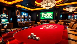 Engaging scene showcasing fb88 casino excitement with poker table, chips, and roulette wheel.