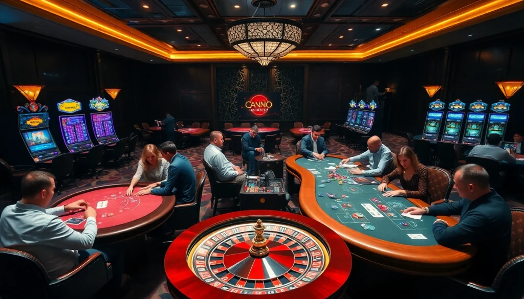 Players enjoying high-stakes games at Nhà cái vua99's luxurious casino with vibrant slot machines.