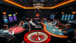 Players enjoying high-stakes games at Nhà cái vua99's luxurious casino with vibrant slot machines.