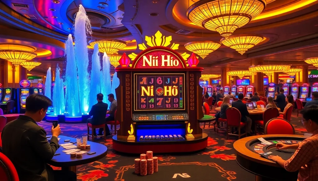 Exciting gamers enjoying Nổ Hũ slots in a vibrant casino atmosphere.