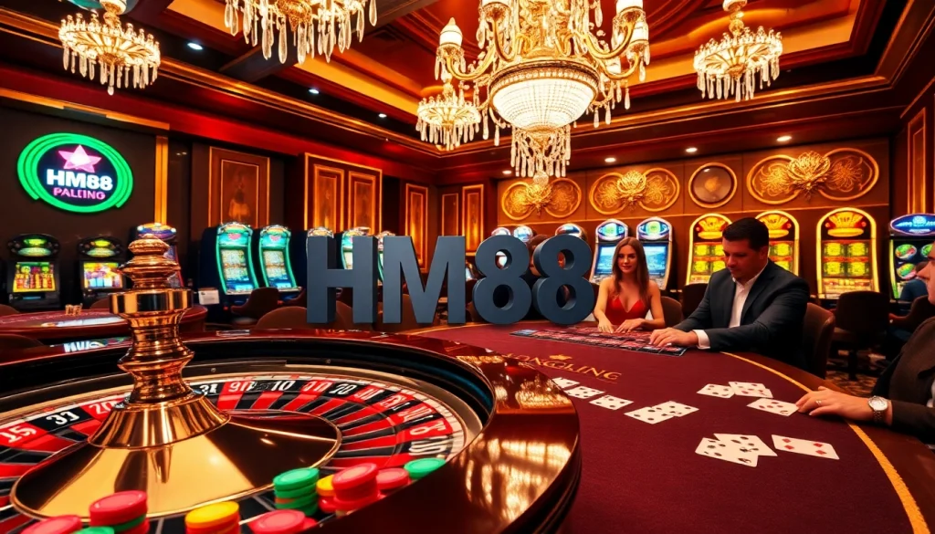 HM88 branded casino scene showcasing roulette and blackjack excitement.