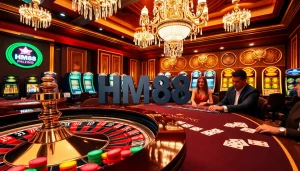 HM88 branded casino scene showcasing roulette and blackjack excitement.