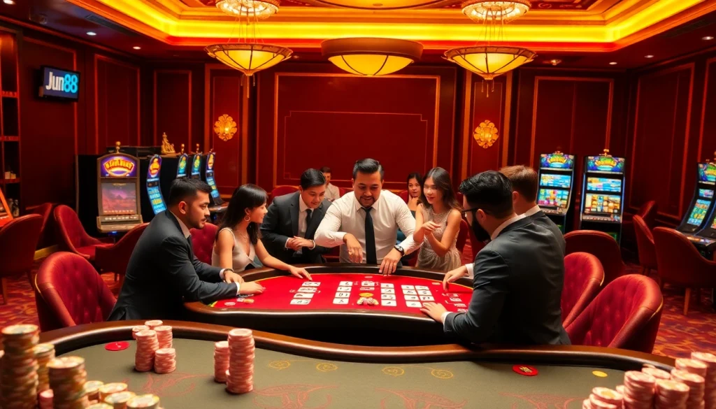 Engage in the thrilling atmosphere of nhà cái Jun88 with live action at the casino tables, showcasing dynamic card games.