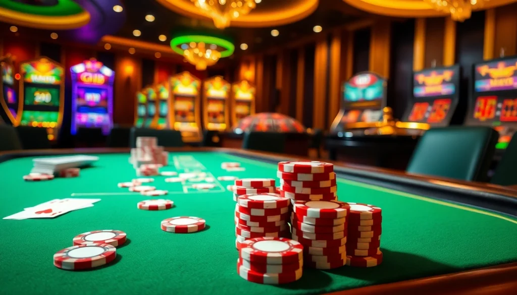 Experience the excitement of gaming at GG88's luxurious casino tables filled with vibrant poker chips and cards.