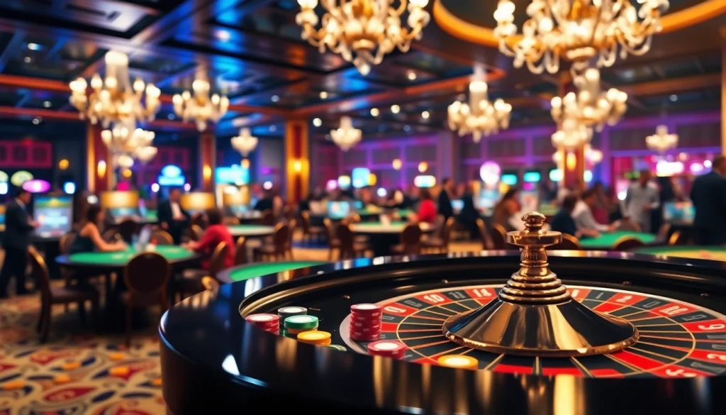 Experience the excitement of gambling at https://389winn.com.br with a vibrant casino scene featuring roulette and poker.