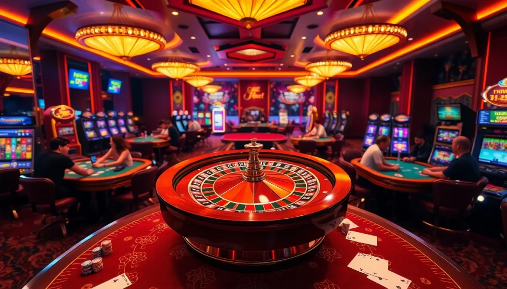Players enjoying thrilling casino games at 54bett.com.br, surrounded by vibrant tables and modern slot machines.