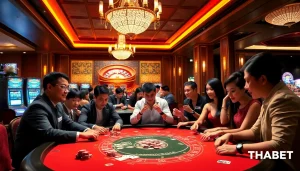 Gamblers enjoying a thrilling game at Nhà Cái THABET casino featuring poker and slot machines.