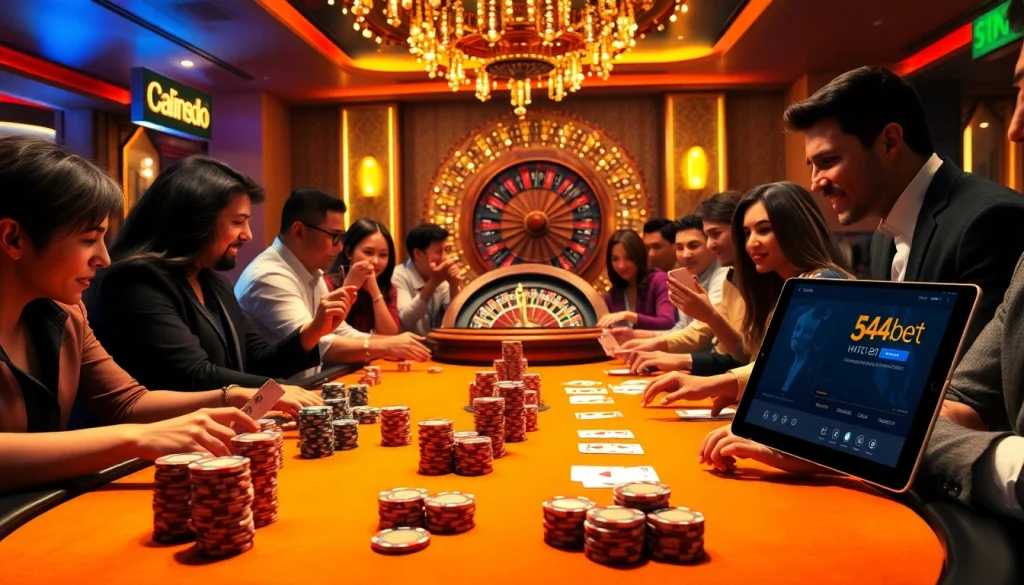 Players enjoying a poker game at a luxurious casino table, showcasing https://54bett.com.br's vibrant gambling experience.