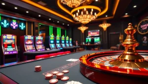 Experience thrilling gaming at https://9dbett.com.br with vibrant casino visuals showcasing poker tables and slot machines.