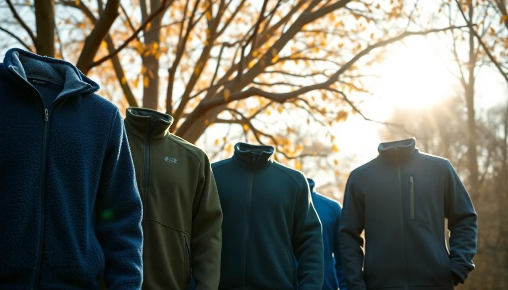 Fleece jacks in diverse kleuren tonen warmte en stijl in een natuurlijke setting.