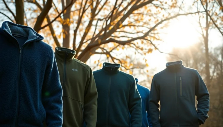 Fleece jacks in diverse kleuren tonen warmte en stijl in een natuurlijke setting.