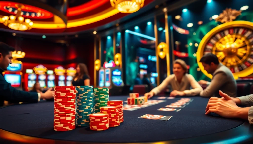 Experience the excitement of winning at Bin88’s luxurious casino with sleek poker tables and vibrant poker chips.