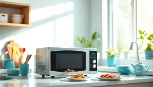 Showcase an affordable microwave oven in a modern kitchen, demonstrating functionality.