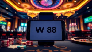 Engaging gamblers with the W88 link on a mobile device amidst a vibrant casino backdrop.
