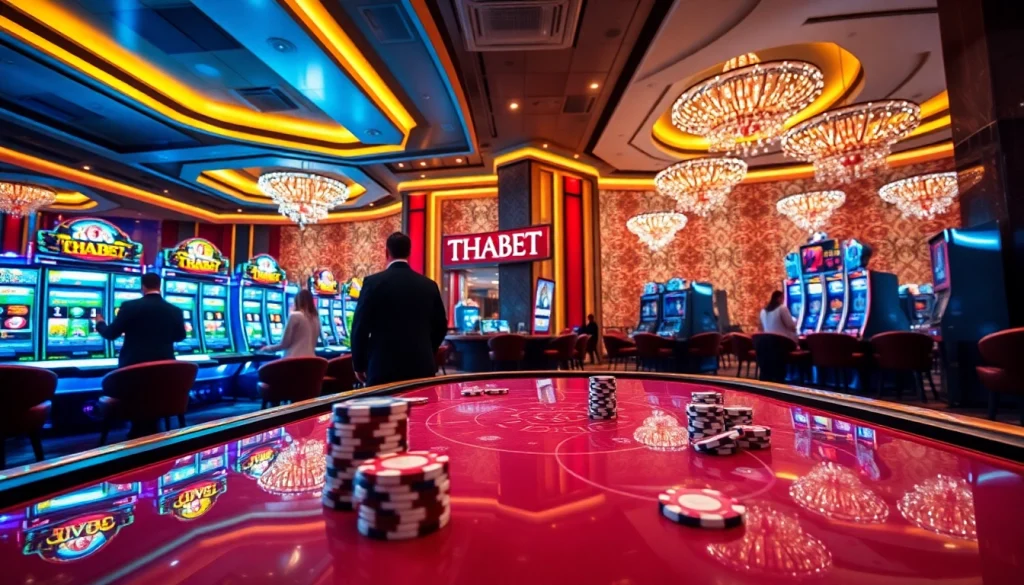 Engage with THABET's dynamic casino scene featuring vibrant slot machines and professional dealers.