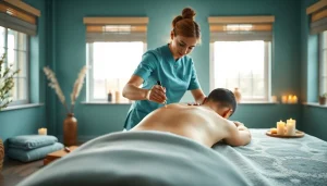 스웨디시 마사지 중인 마사지사와 편안한 스파 환경을 보여주는 장면