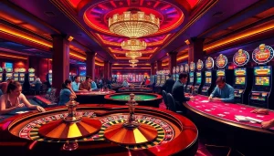A spirited gambling scene highlighting the excitement of players at a stunning casino, symbolizing https://67bett.com.br.
