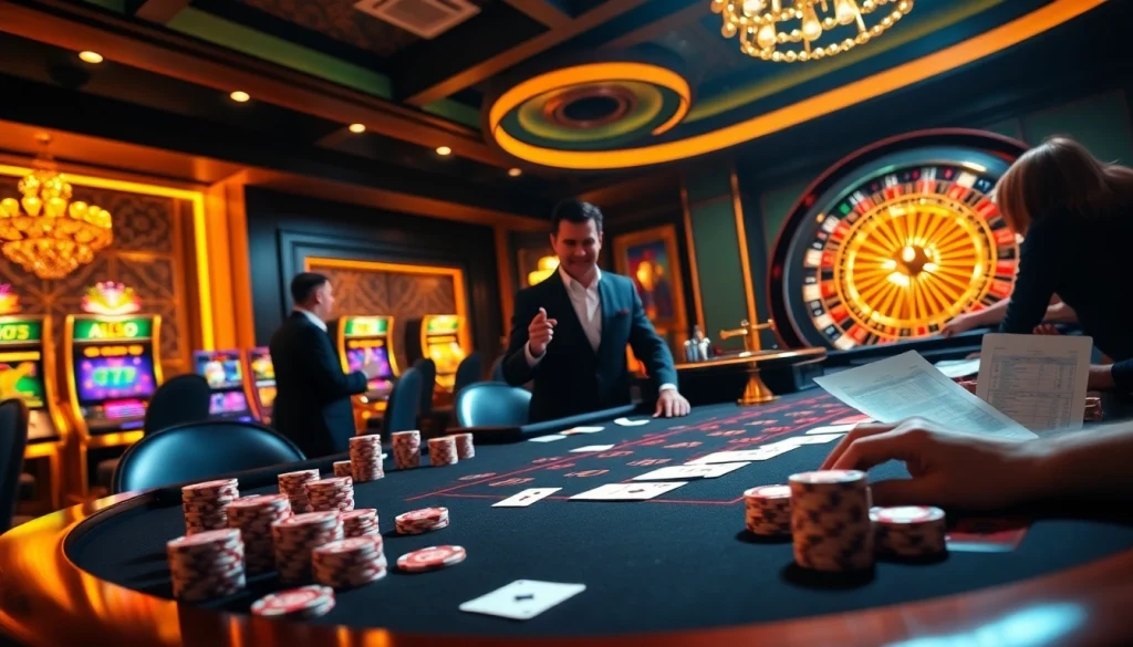 Exciting casino scene featuring players at a gambling table with https://67bett.com.br elements, highlighting poker chips and a roulette wheel.