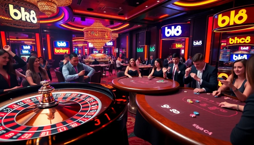 Engaging casino action with players at bk8 poker tables and a spinning roulette wheel.