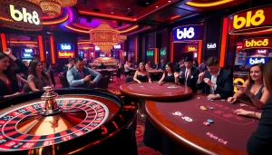 Engaging casino action with players at bk8 poker tables and a spinning roulette wheel.