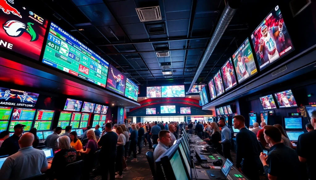 Engaged bettors at sports betting sites South Carolina, showcasing lively sportsbook atmosphere.