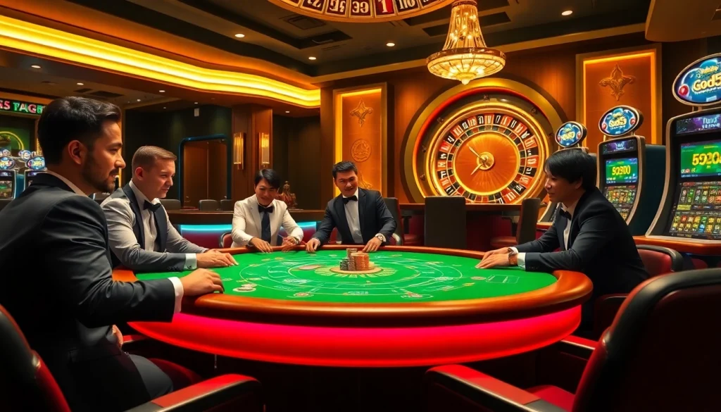 Experience the excitement of god55 casino with a luxurious poker setting and vibrant atmosphere.
