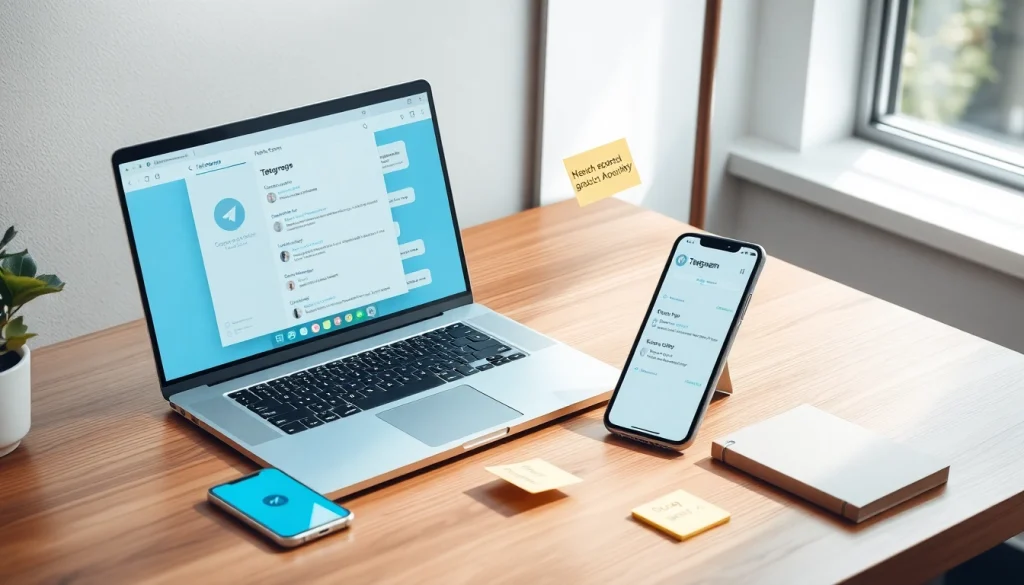 电报下载 on a sleek laptop in a modern workspace filled with tech elements.