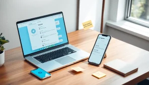 电报下载 on a sleek laptop in a modern workspace filled with tech elements.